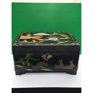 Vintage Japanese Lacquered Music Jewelry Box with Key Black 1950s - Sound Works